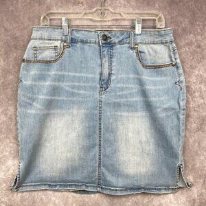 Bit & Bridle Denim Skirt Size 10 Distressed Whiskering Stitching Western Cowgirl